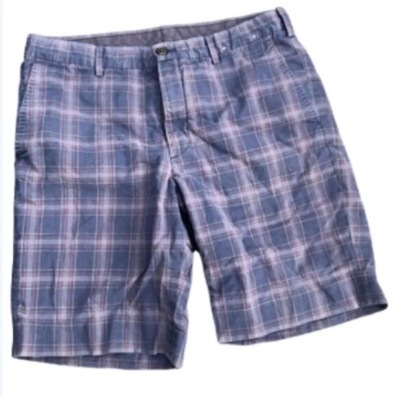 Uniqlo 30-33 blue and plum plaid flat front shorts summer beachy casual preppy - Picture 1 of 1